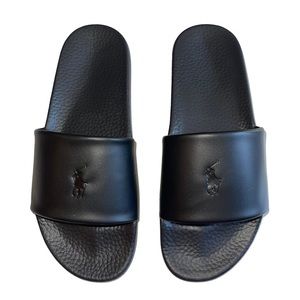 New Polo Ralph Lauren Men’s size 13 Signature Leather Slides Black embossed  New